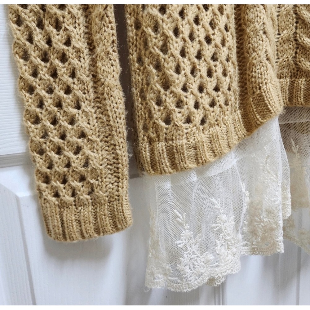 Pol Cable Open Knit Yellow Sweater Floral Lace Hem Raglan Sleeve Oversized S - Picture 6 of 13